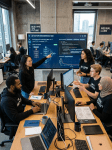 AI engineering team discussing neural network architecture at workstation