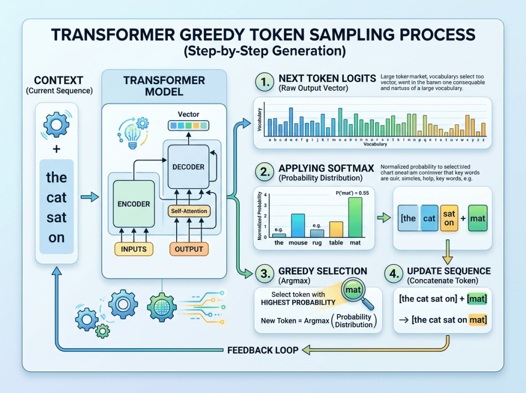 Diagram illustrating transformer greedy token sampling process in four steps with encoder-decoder components and probability distribution charts