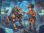 Engineer in orange suit interacting with an orange robotic lion in a high-tech laboratory.